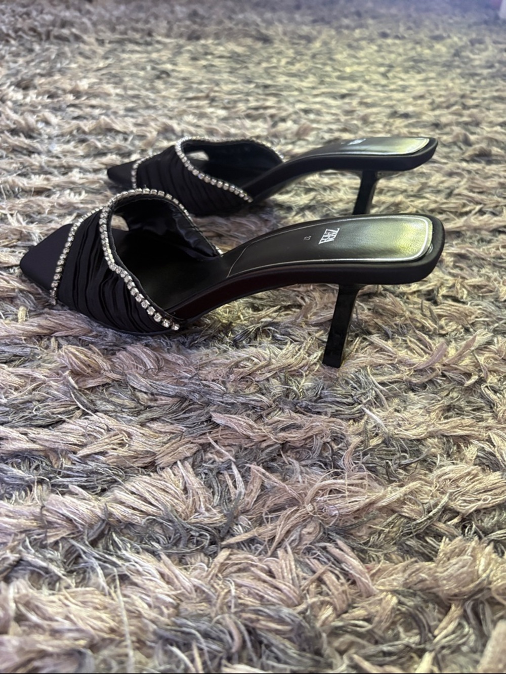 New Zara Black Ruched Crystal-Trim Slide Heels Size 37 - Picture 3 of 8